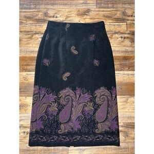 Sz 12P Briggs Petite Black Purple Paisley Midi Skirt